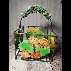 Vintage Metal Basket With Fall Leaves And Acorns